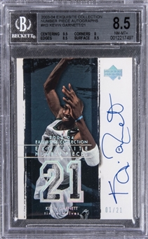 2003-04 UD "Exquisite Collection" Number Piece Autographs #KG Kevin Garnett Signed Game Used Patch Card (#01/21) – BGS NM-MT+ 8.5/BGS 10